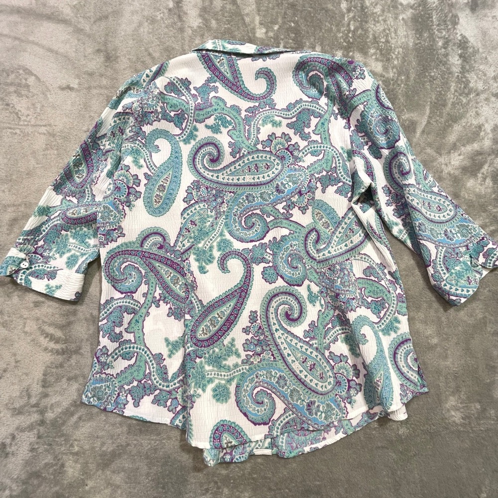 Allison Daley Button Up Shirt Women 18W White Paisley 3/4 Sleeve Seersucker - Picture 7 of 10